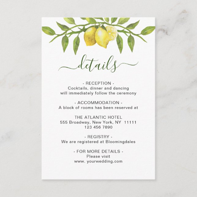 Elegant Lemons Watercolor Greenery Wedding Details Enclosure Card (Front)