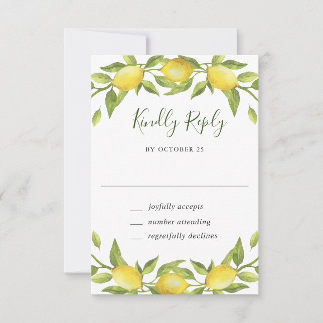 Elegant Lemons Watercolor Greenery Wedding RSVP Ca Card (Front)