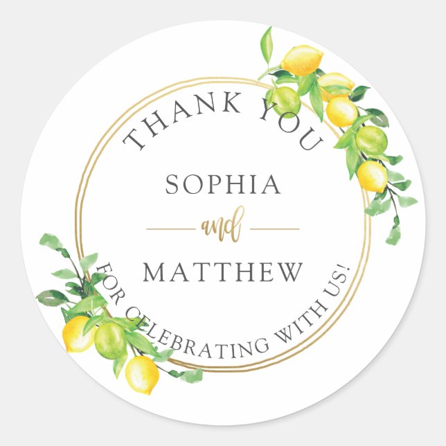 Elegant Lemons Wedding Bridal Gold Thank You Favou Classic Round Sticker (Front)
