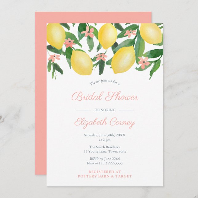 Elegant Lemons With Pink Text Bridal Shower Party  Invitation (Front/Back)