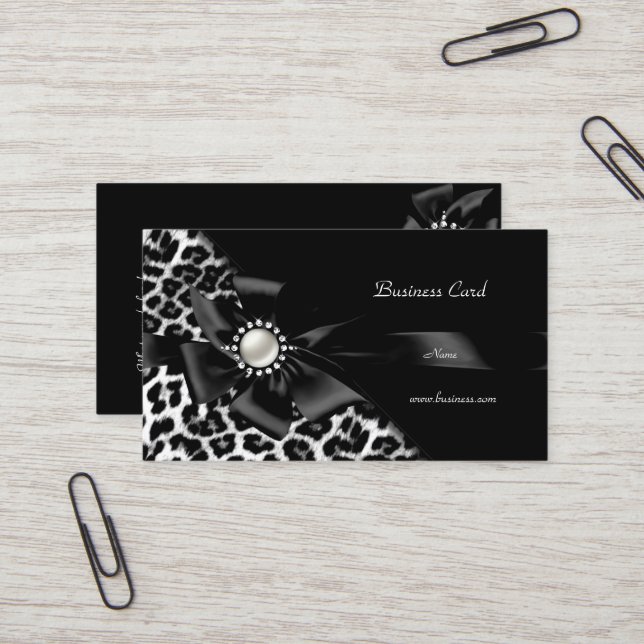 Elegant Leopard Black Silver Diamond Business Card (Front/Back In Situ)