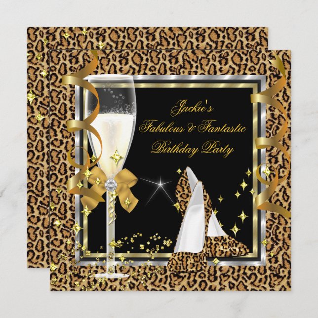 Elegant Leopard Black Silver Gold Birthday Party Invitation (Front/Back)