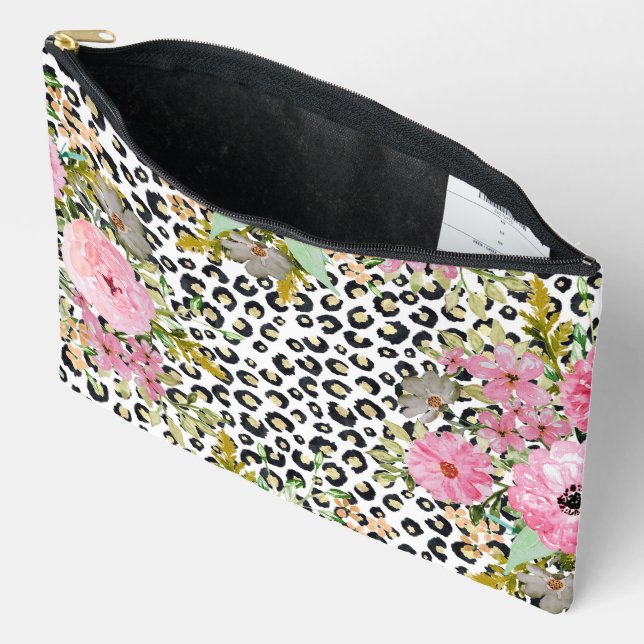 Elegant Leopard Print and Floral Design Accessory Pouch (Open)