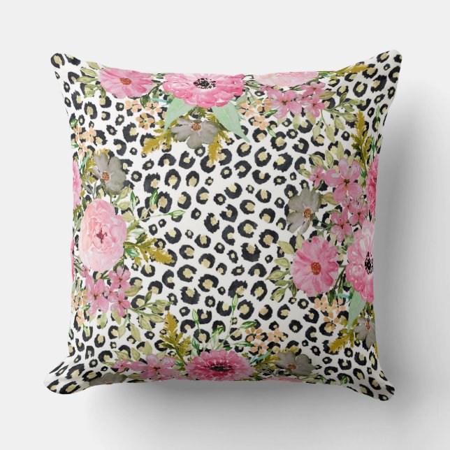 Elegant Leopard Print and Floral Design Cushion (Front)