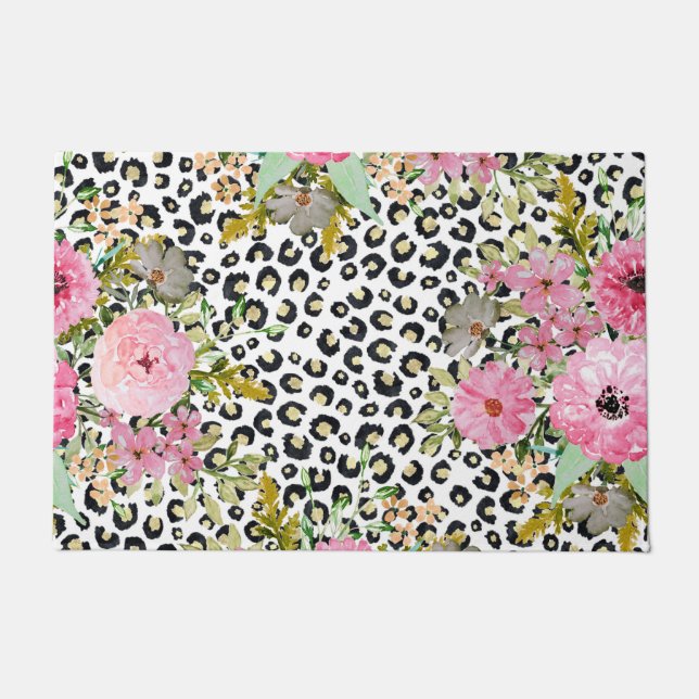 Elegant Leopard Print and Floral Design Doormat (Front)