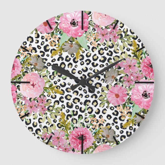 Elegant Leopard Print and Floral Design Large Clock (Front)