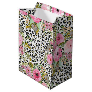 Elegant Leopard Print and Floral Design Medium Gift Bag