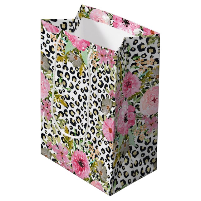 Elegant Leopard Print and Floral Design Medium Gift Bag (Front Angled)