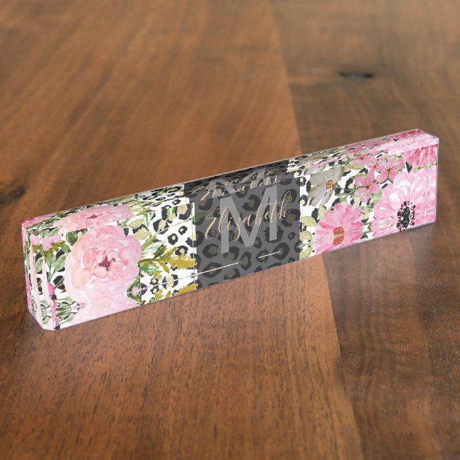 Elegant Leopard Print and Floral Design Nameplate (Side)