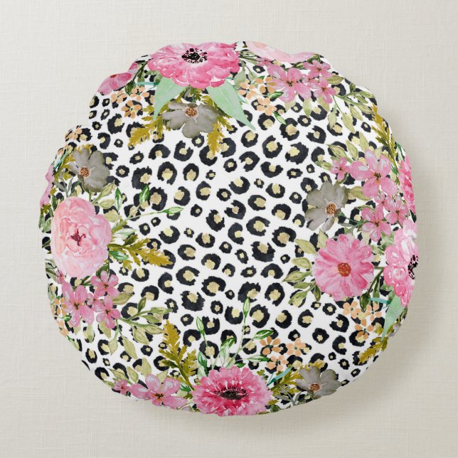 Elegant Leopard Print and Floral Design Round Cushion (Front)