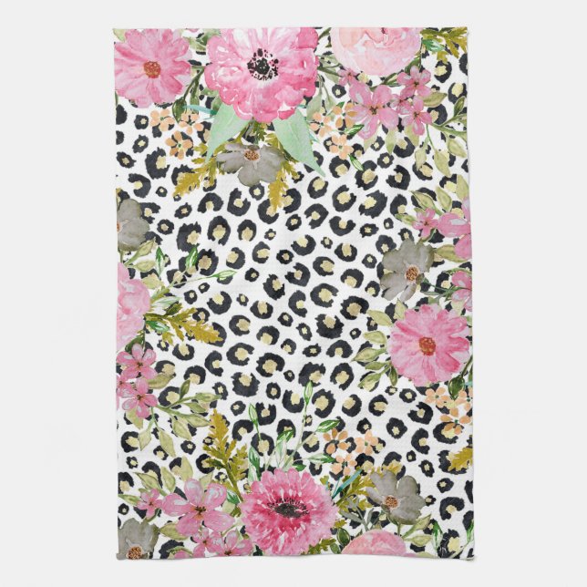 Elegant Leopard Print and Floral Design Tea Towel (Vertical)