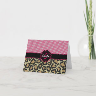 Elegant Leopard Print and Polka Dot Monogram Note Card