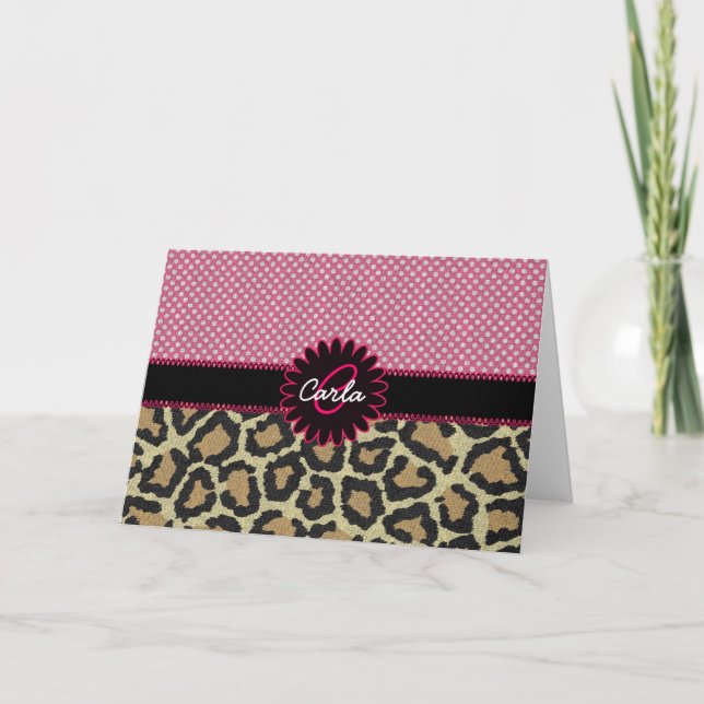 Elegant Leopard Print and Polka Dot Monogram Note Card (Front)