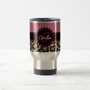 Elegant Leopard Print and Polka Dot Monogram Travel Mug