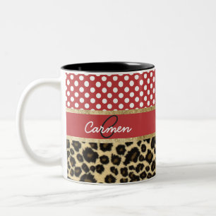 Elegant Leopard Print and Polka Dot Monogram Two-Tone Coffee Mug