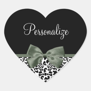 Elegant Leopard Print Dark Green Ribbon With Name Heart Sticker