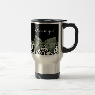 Elegant Leopard Print Dark Green Ribbon With Name Travel Mug
