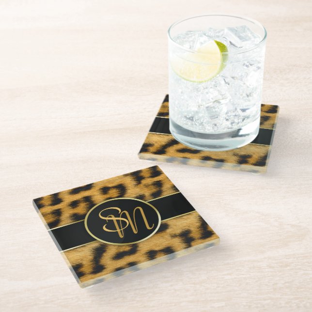 Elegant Leopard Print Monogram - Glass Coaster (Angled)