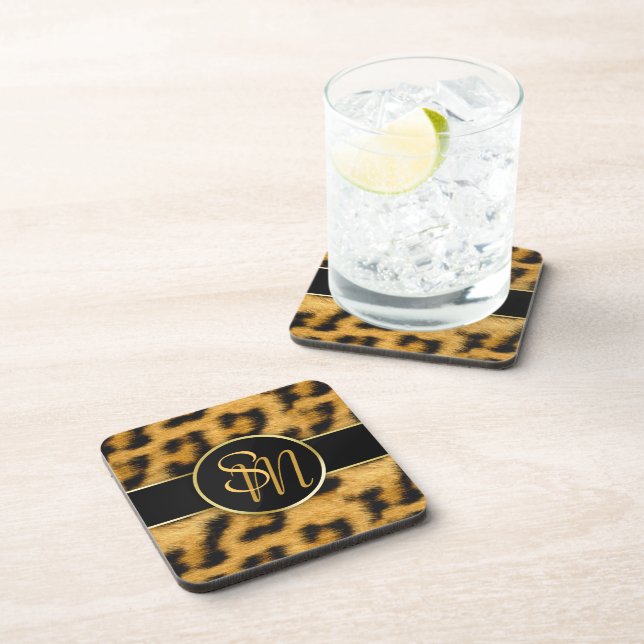 Elegant Leopard Print Monogram - Plastic Coaster (Right Side)