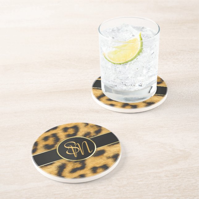 Elegant Leopard Print Monogram - Sandstone Coaster (Side)