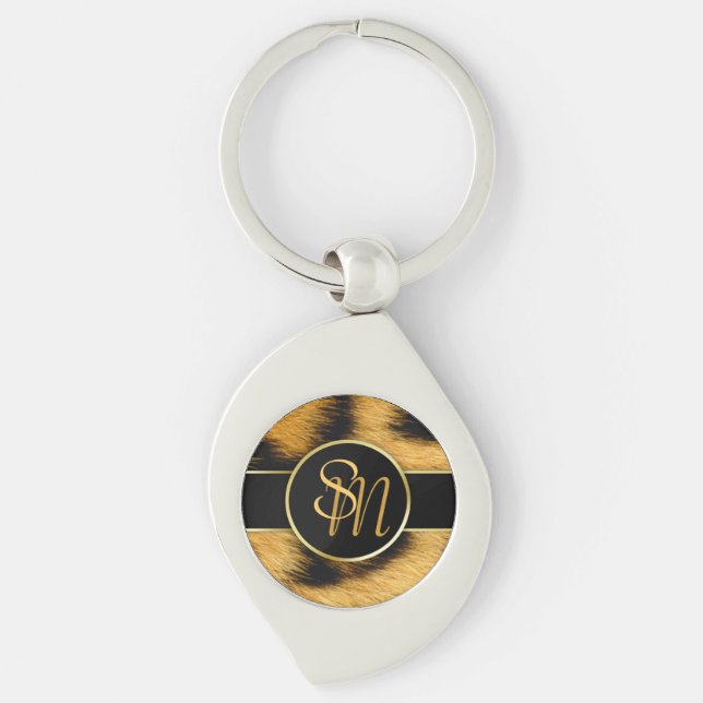 Elegant Leopard Print Monogram Script - Keychain (Front)