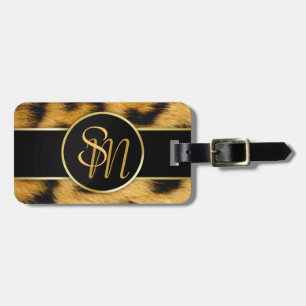 Elegant Leopard Print Monogram Script Luggage Tag