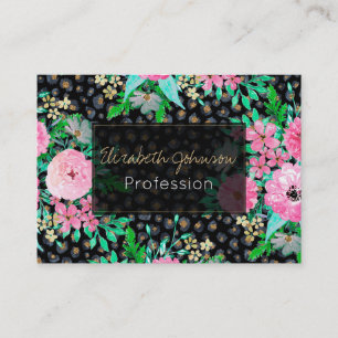 Elegant Leopard Print & Pink Floral Black design Business Card