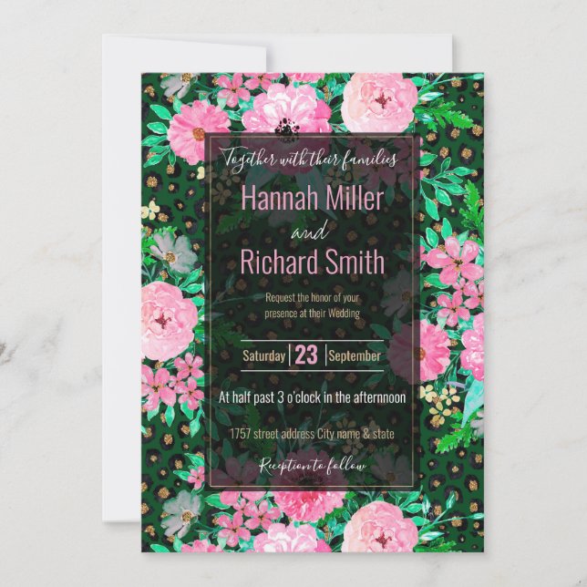 Elegant Leopard Print Pink Floral Green Design Invitation (Front)