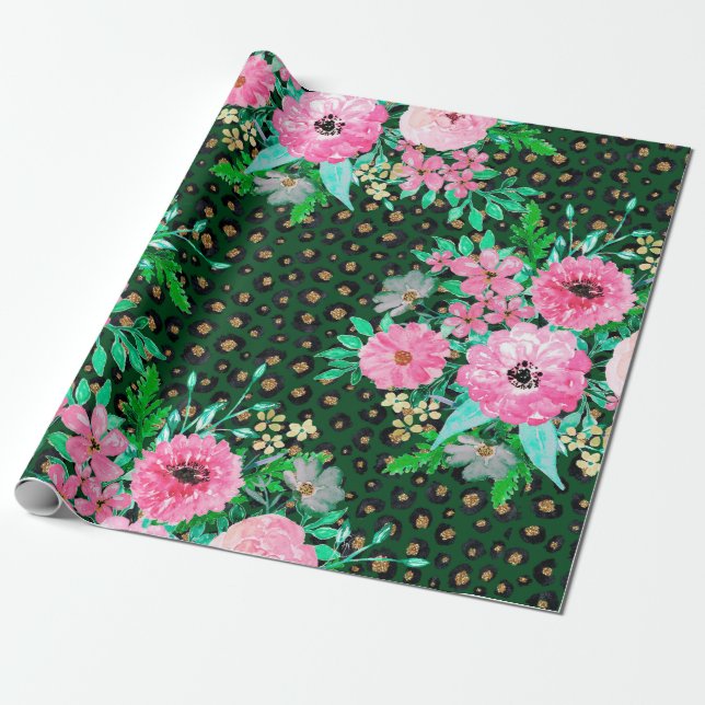 Elegant Leopard Print Pink Floral Green Design Wrapping Paper (Unrolled)