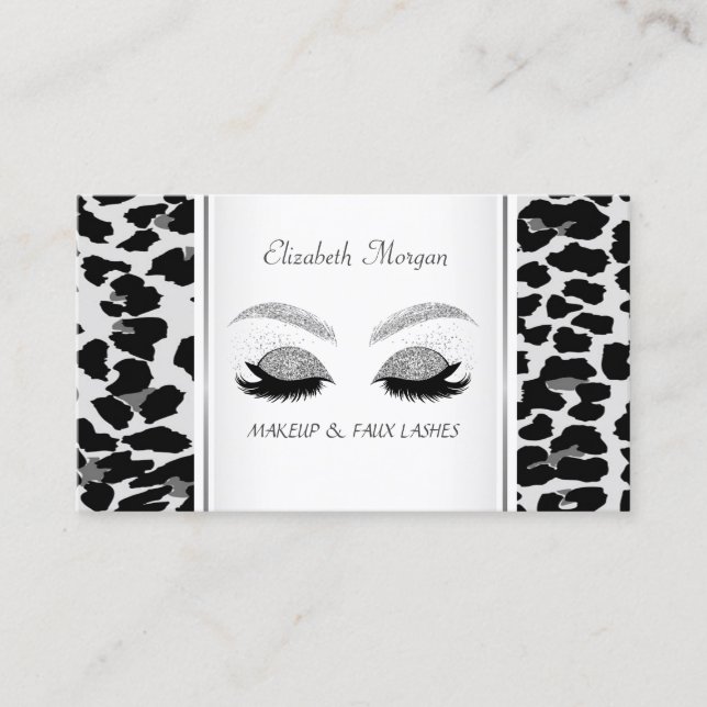 Elegant, Leopard Print,Silver Glitter  Lashes Business Card (Front)