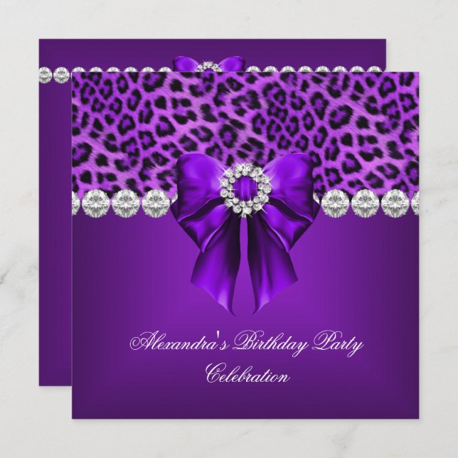 Elegant Leopard Purple Bow Diamonds Birthday Party Invitation (Front/Back)