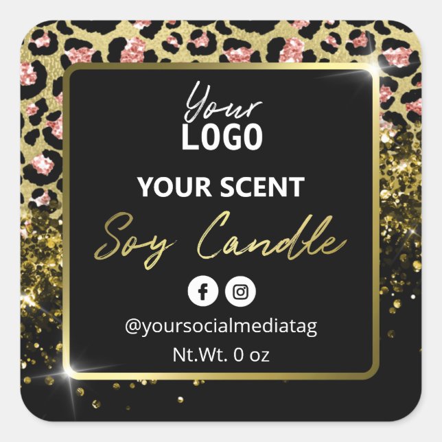 Elegant Leopard Skin Gold Glitter Soy Candle Label (Front)