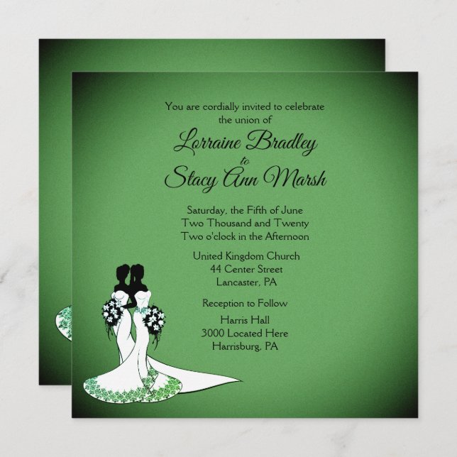 Elegant Lesbian Wedding Invitation Emerald (Front/Back)