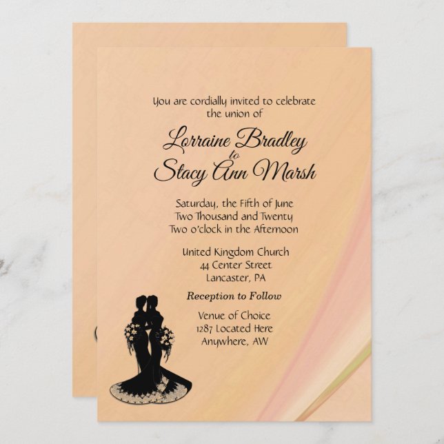 Elegant Lesbian Wedding Peach Invitation (Front/Back)