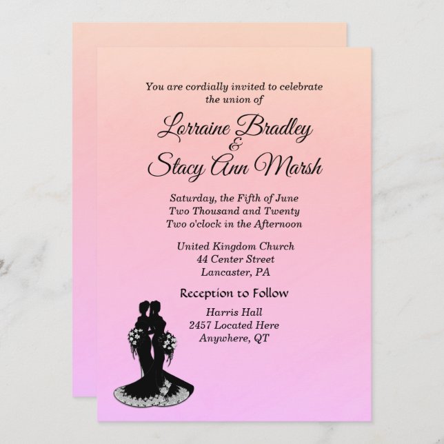 Elegant Lesbian Wedding Pinks Invitation (Front/Back)