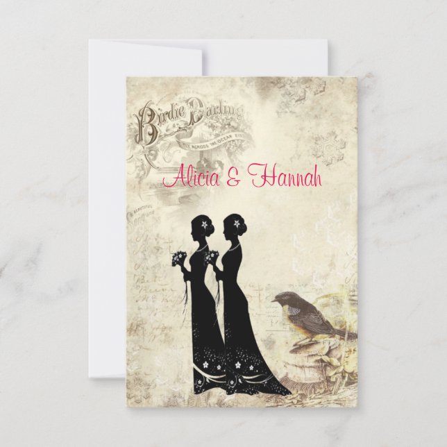 Elegant, Lesbian Wedding, VIntage Birds RSVP Card (Front)