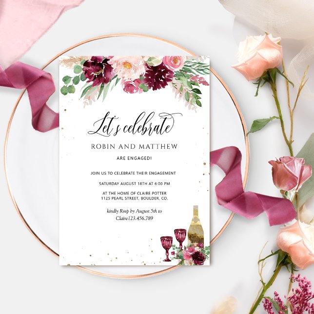Elegant Let's Celebrate Burgundy Blush Pink Floral Invitation (Creator Uploaded)