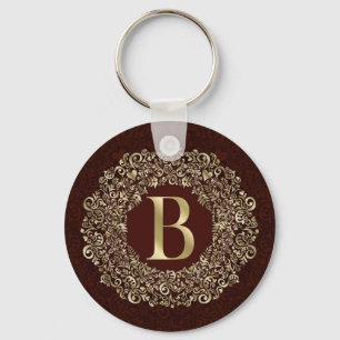 Elegant Letter B gold and Red Damask Monogram  Key Ring