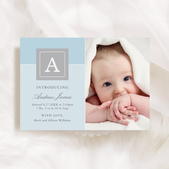 Elegant Letter Block Baby Boy Photo Blue Birth Announcement (Creator Uploaded)