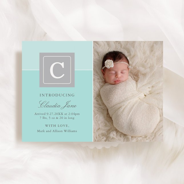 Elegant Letter Block Baby Girl Aqua Blue Birth Announcement (Creator Uploaded)