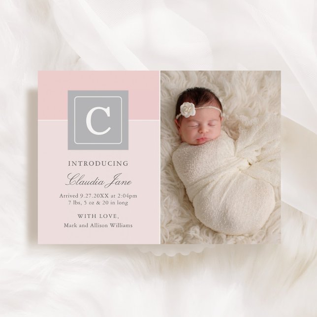 Elegant Letter Block Baby Girl Photo Pink Birth Announcement (Creator Uploaded)
