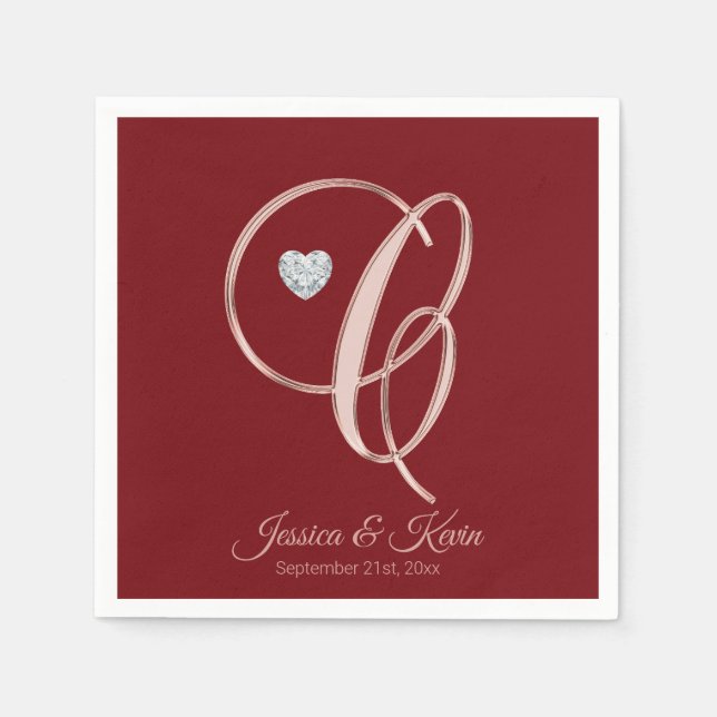 Elegant Letter C Burgundy Rose Gold Wedding Napkin (Front)