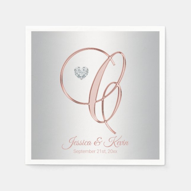 Elegant Letter C Silver Grey Rose Gold Wedding Napkin (Front)
