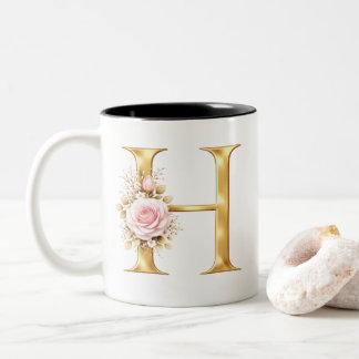 Elegant Letter H Floral Monogram Two-Tone Coffee Mug