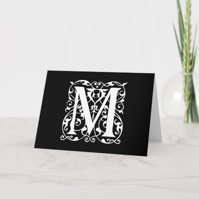 Elegant Letter M White on Black Monogram Note Card (Front)