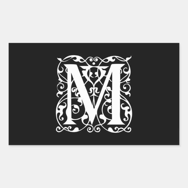 Elegant Letter M White on Black Monogram Rectangular Sticker (Front)