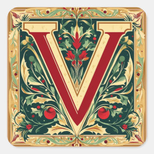 Elegant Letter V in Christmas Green and Gold Square Sticker