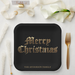 Elegant Lettering Black and Gold Merry Christmas Paper Plate