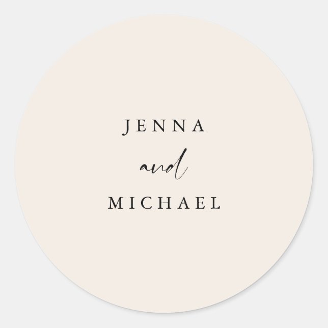 Elegant Light Beige Script Wedding Classic Round Sticker (Front)