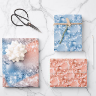 Elegant Light Blue and Coral Christmas Ball Wrapping Paper Sheet